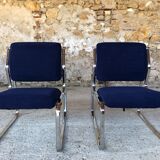 Pair of vintage chrome and blue microfibre armchairs circa 70