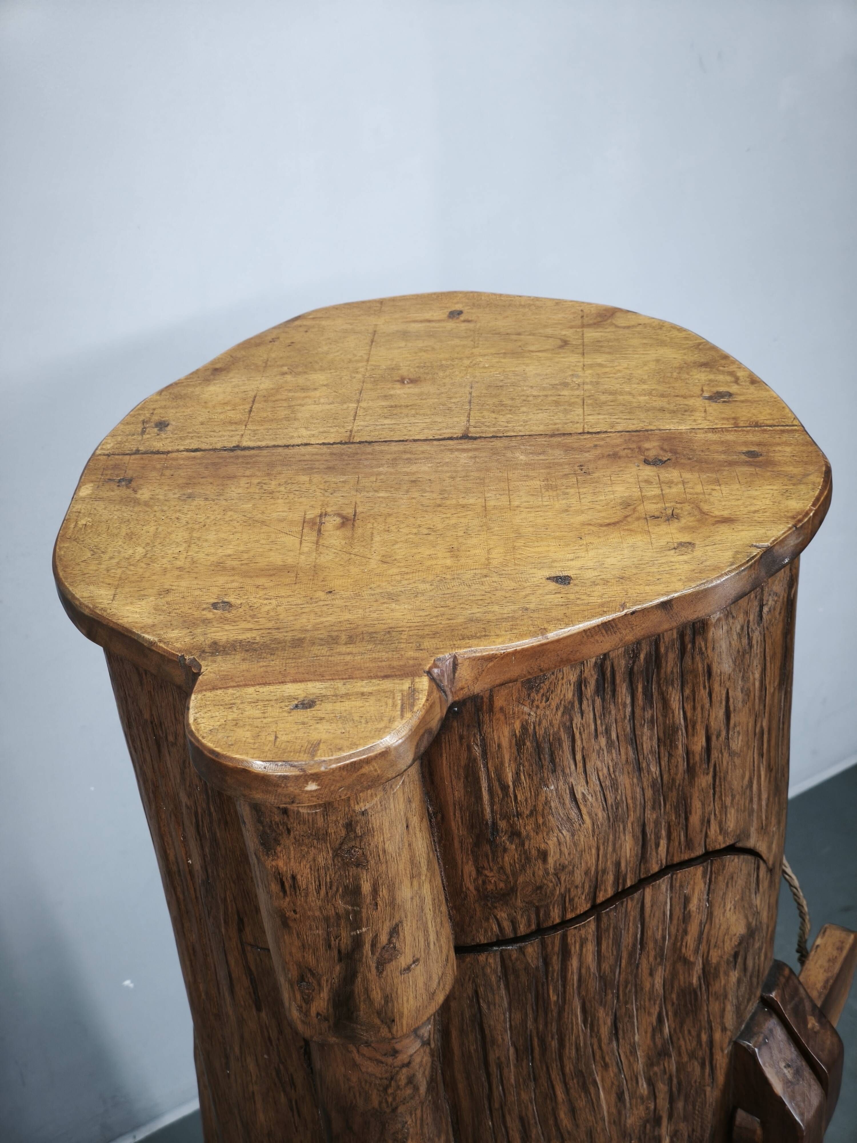 1960s French Brutalist Sculptural Solid Elm Wood Tree Trunk Cabinet