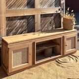Meuble télé tv ancien en bois brut et cannage
