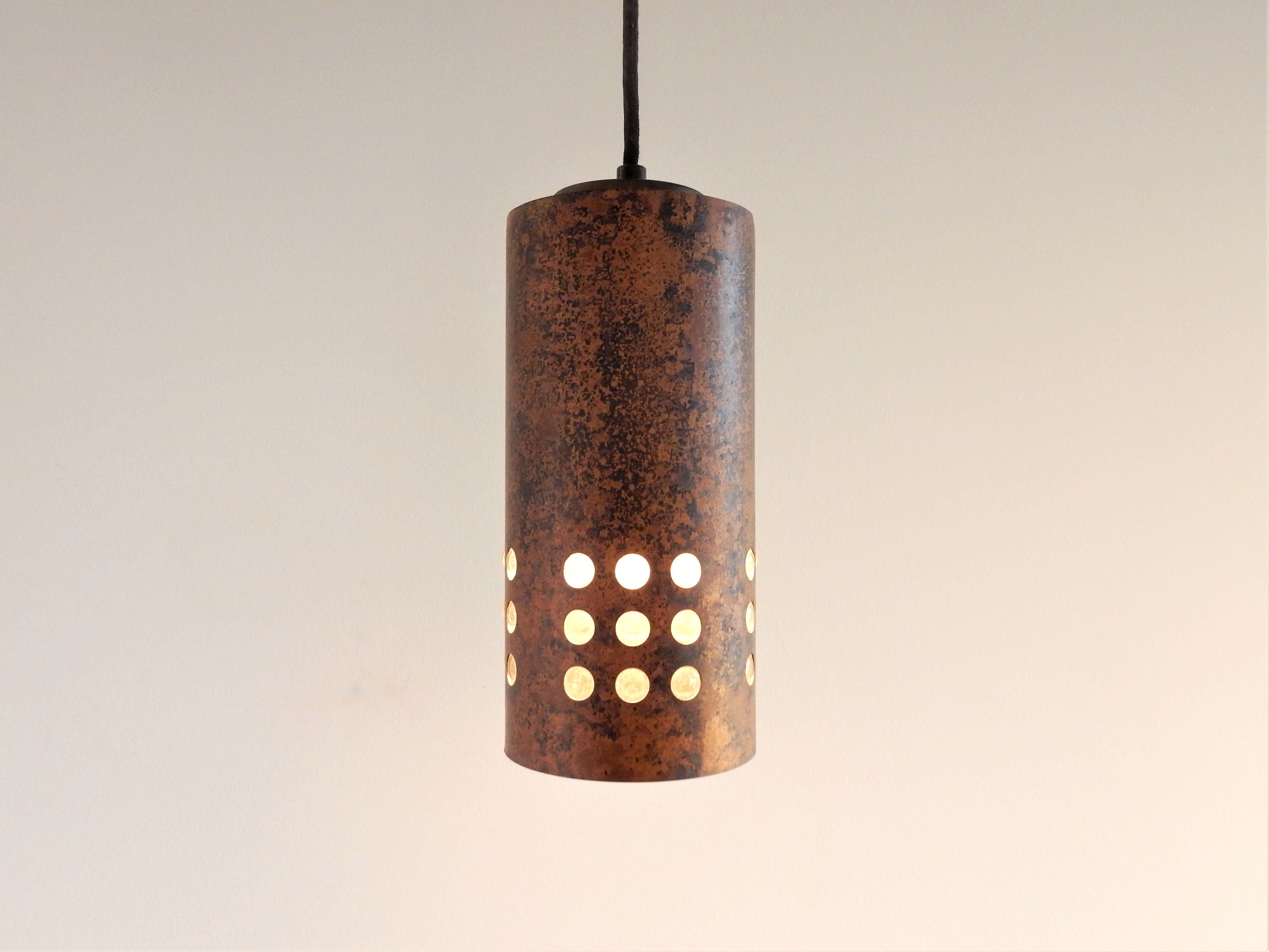 Set of 2 brutalist metal and glass pendant lamps, 1960s