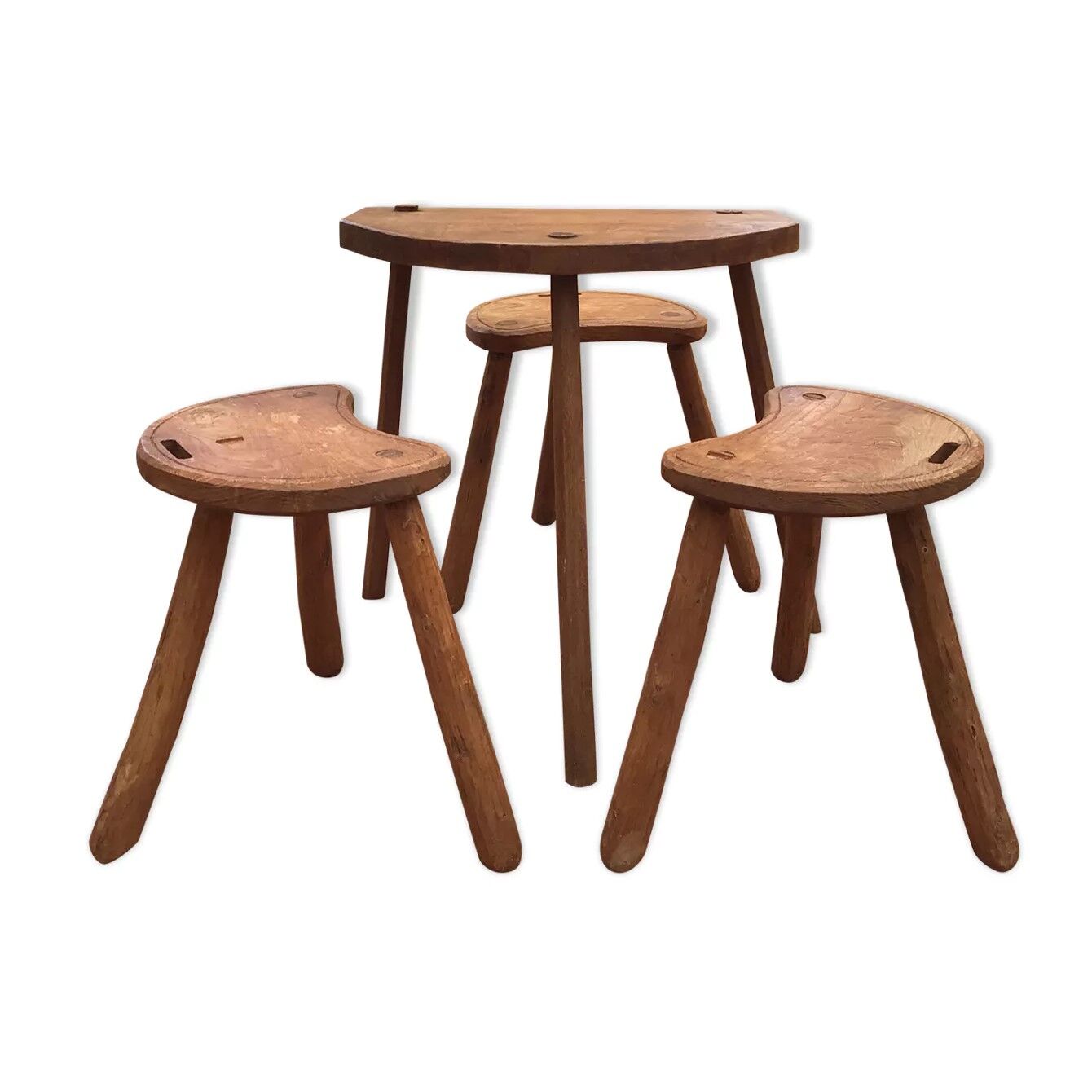 Brutalist wooden stool table set