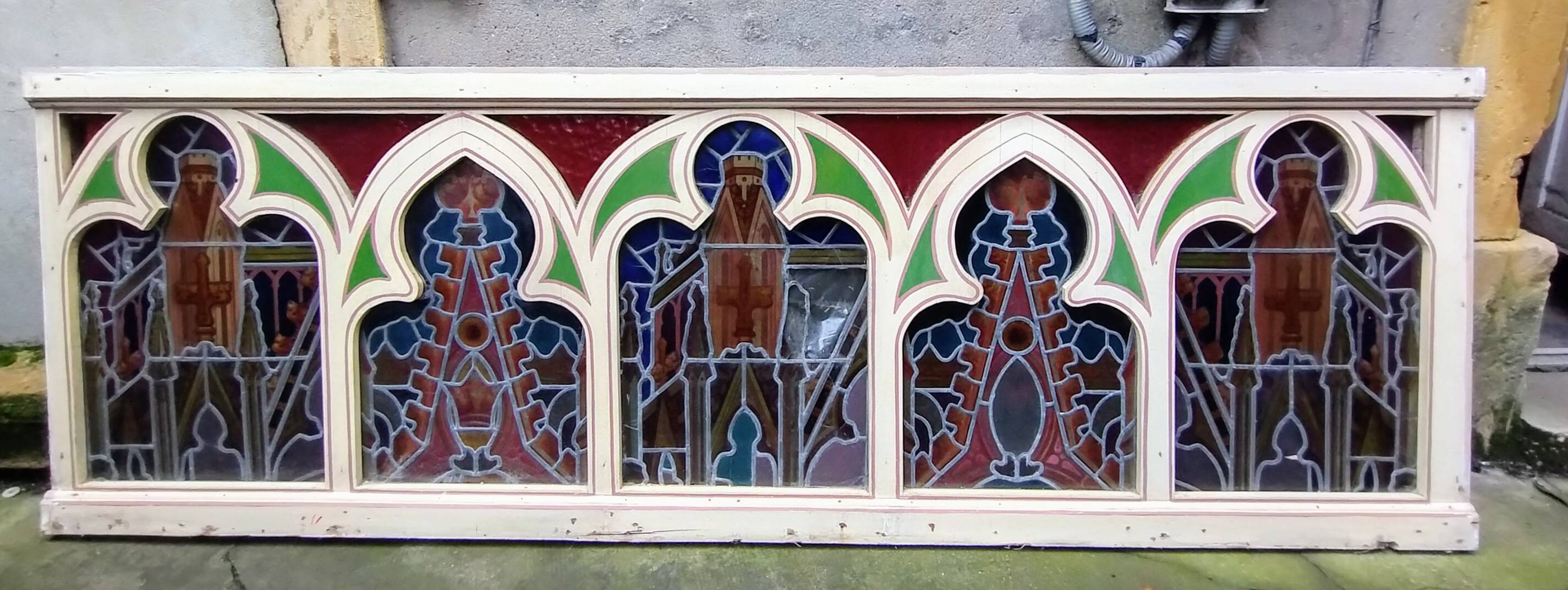 Large solid wood frame composed of 5 stained glass niches