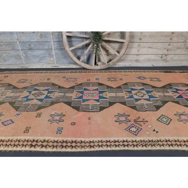 Vintage Turkish Oushak Handmade Cotton Orange Wool Kilim Runner Rug 170x404