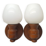 Set of vintage globe opaline wall lights wooden support