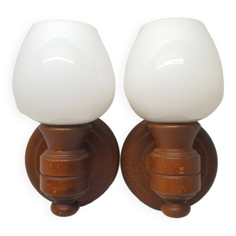 Set of vintage globe opaline wall lights wooden support