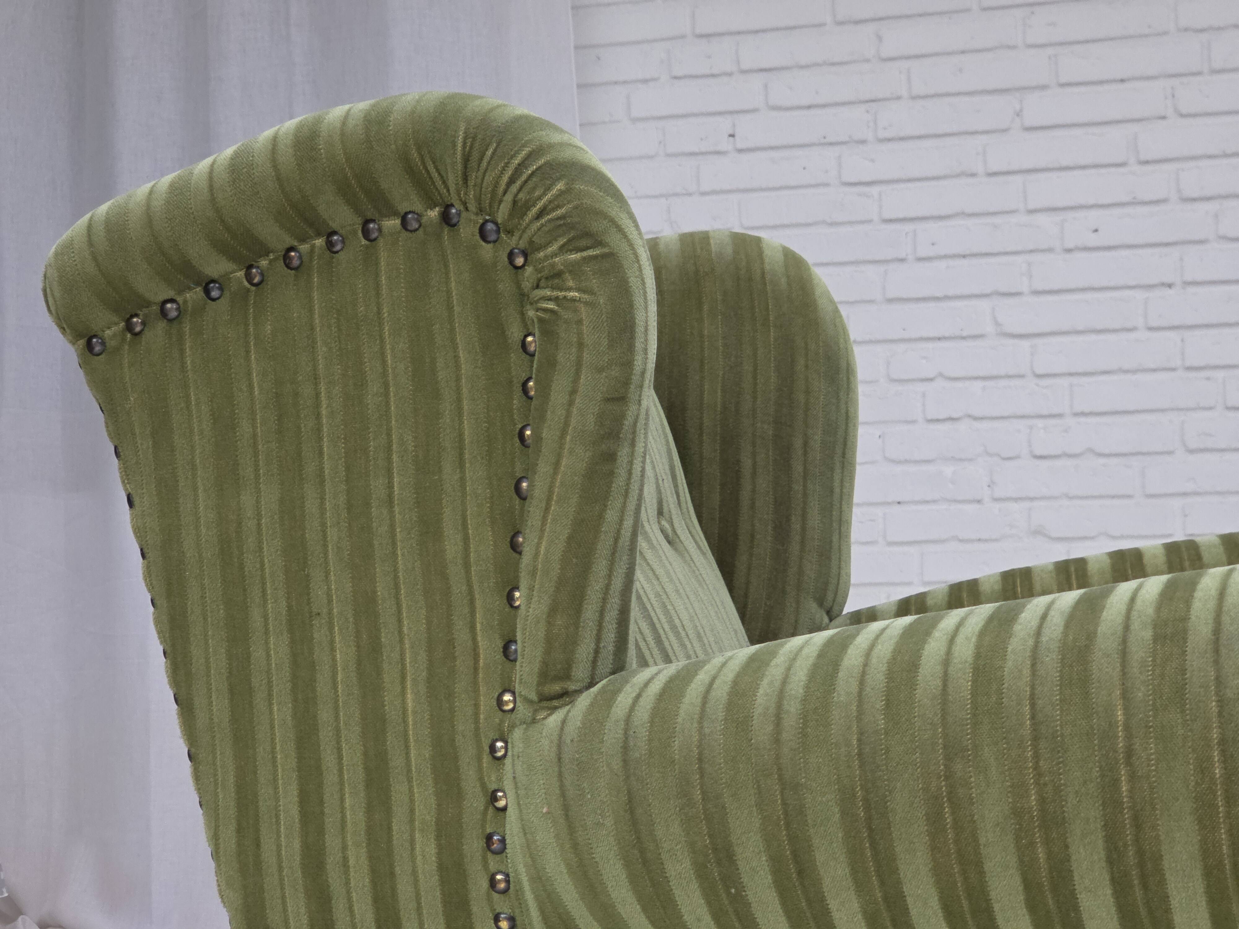 1950s, Danish relax armchair, green furniture velour fabric, ash wood legs.