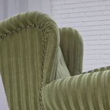 1950s, Danish relax armchair, green furniture velour fabric, ash wood legs.