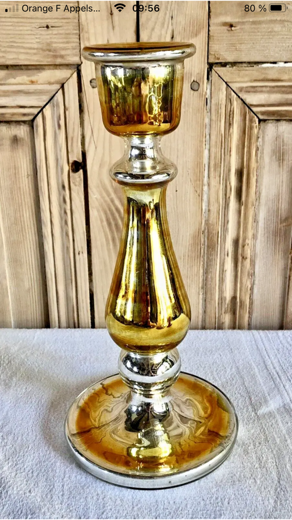 Ancien bougeoir XIX verre églomisé mercurisé doré