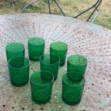 8 glasses of water or wine, straight, in green glass, cups, stamps chantovent vin de pays france