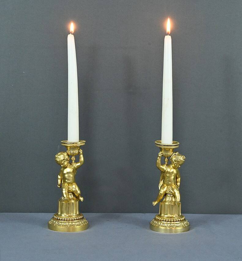 Pair of Gilt Bronze Candlesticks, Louis XVI Style – Mid 19th Century