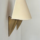Pair of vintage brass and beige fabric wall lights, France 1970