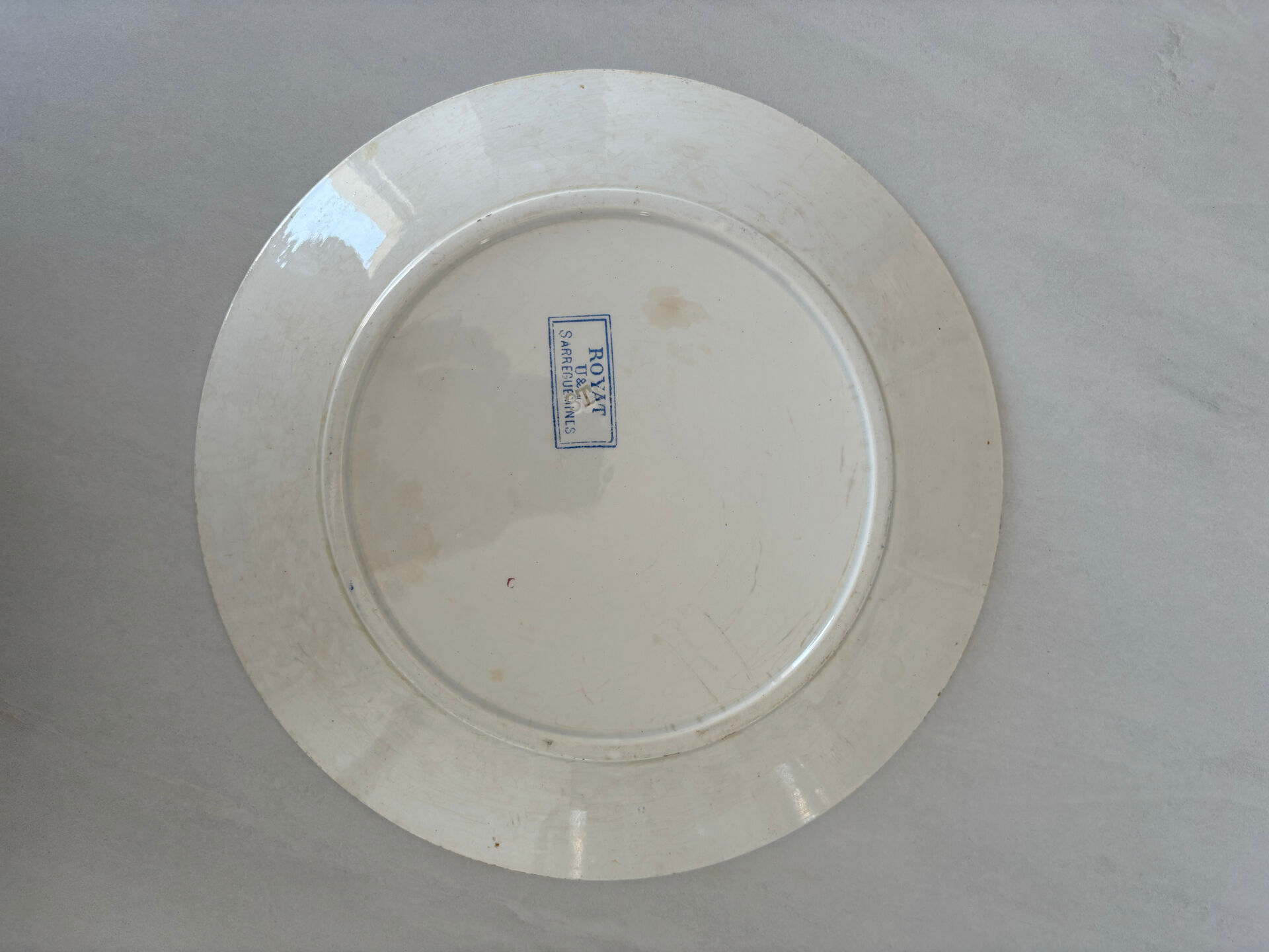 Old flat plate, light blue ironstone from Sarreguemines, model r.