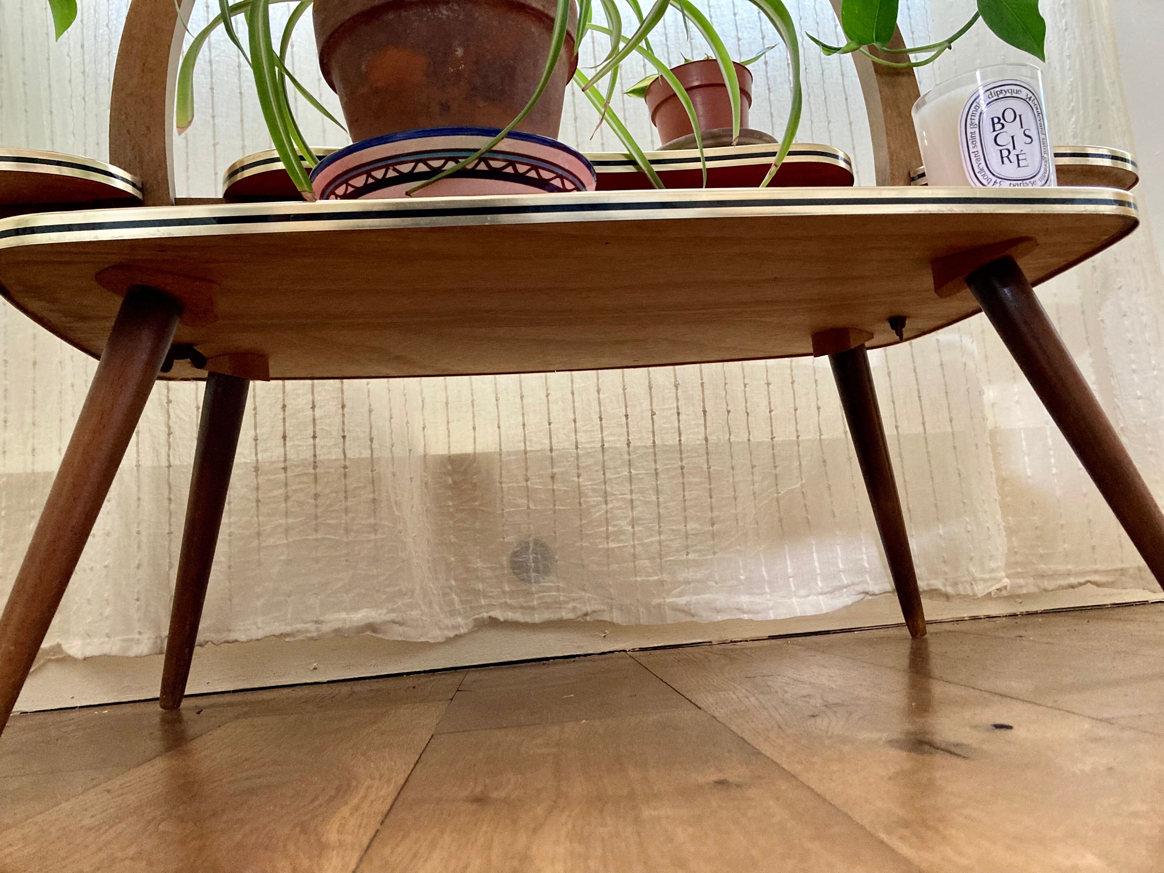 Table arbre porte-plantes vintage en formica et bois pieds compas circa 1960