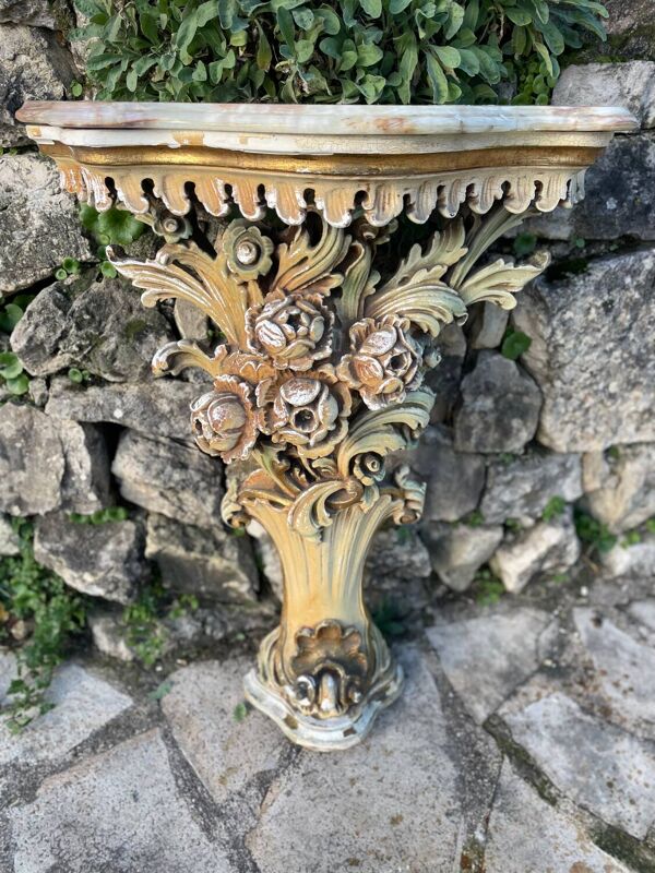 Console Vénitienne en céramique polychrome avec son miroir triptyque époque XIX eme siècle