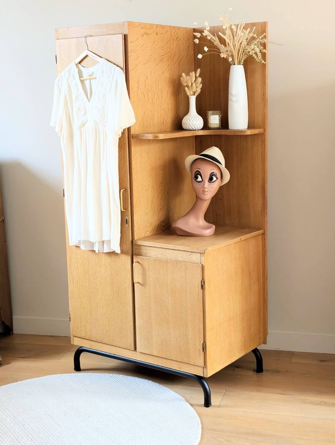 Renovated vintage 1950s oak boarding school wardrobe