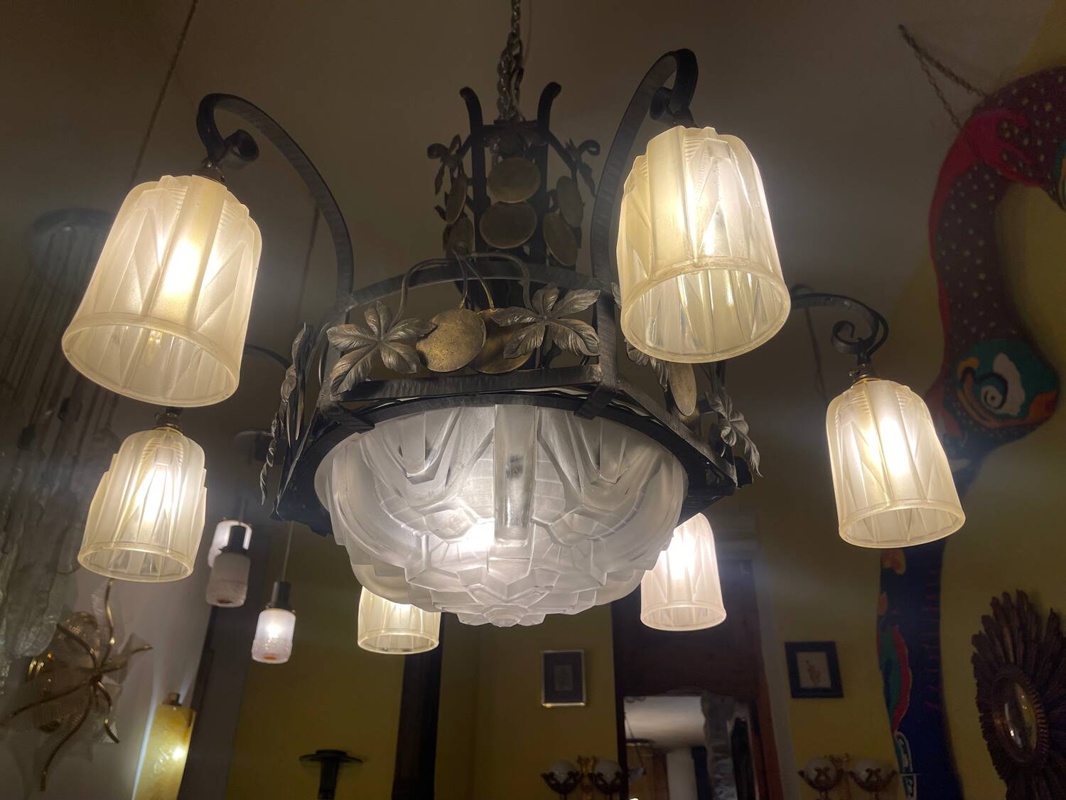 Art déco Muller Frères Luneville signé 7 lampes ,1930s