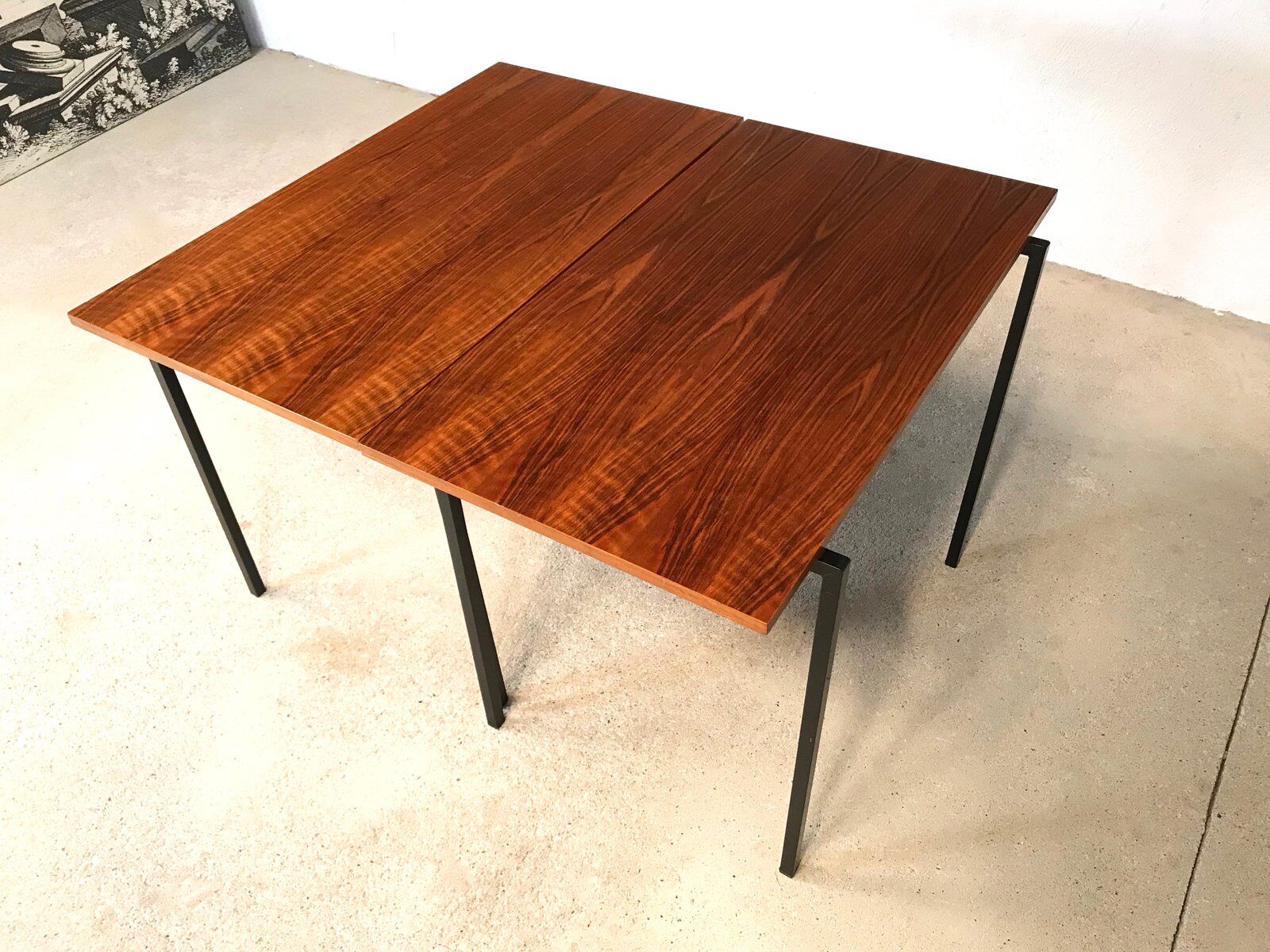 Minimalist walnut & steel stacking side tables, 1960s, Set of 2