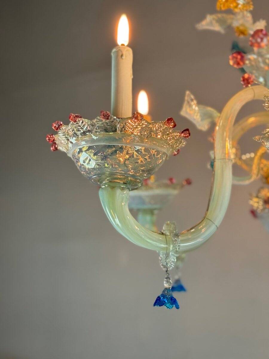 Venetian chandelier in multi-colored Murano glass, 11 light arms on two levels circa 1880