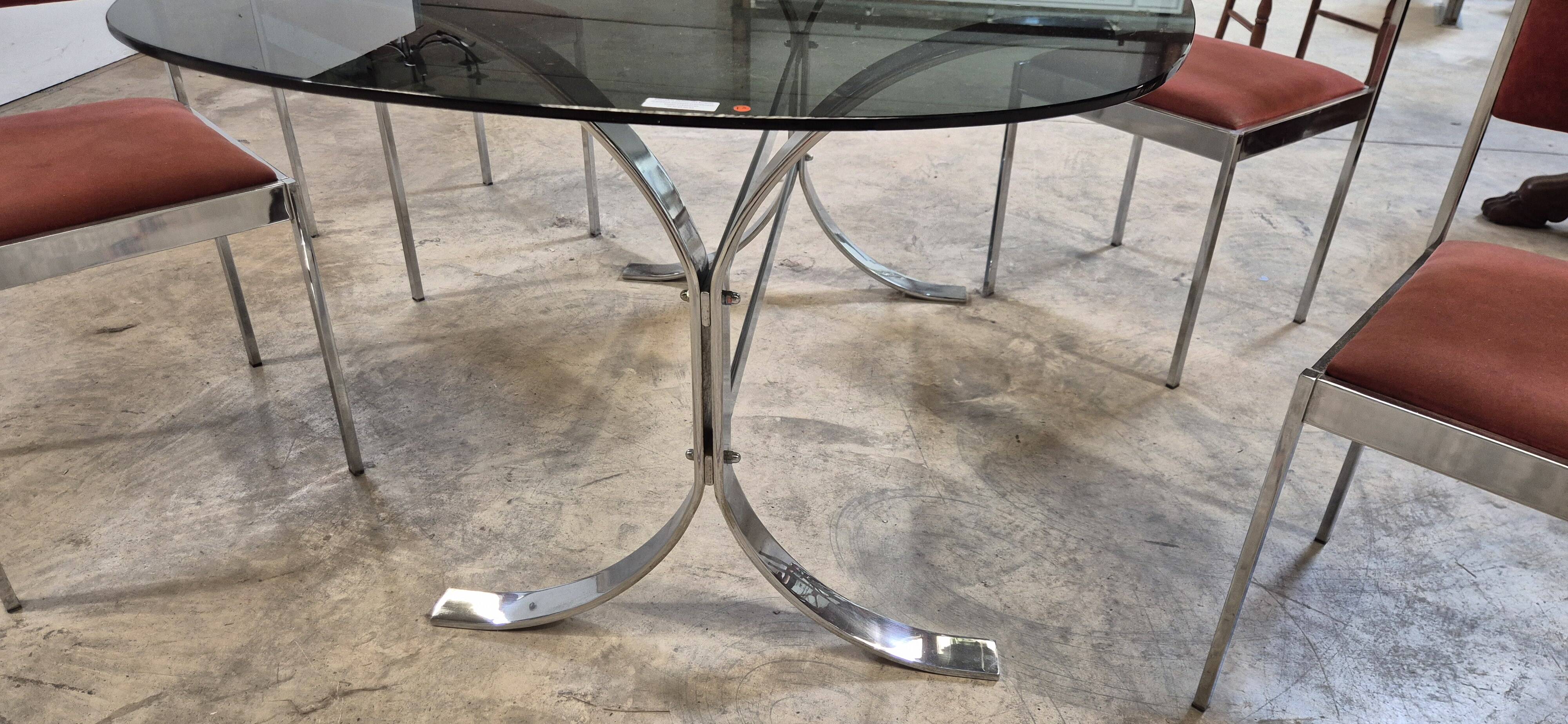 Dining room table + 4 stainless steel and smoked glass chairs 1970
