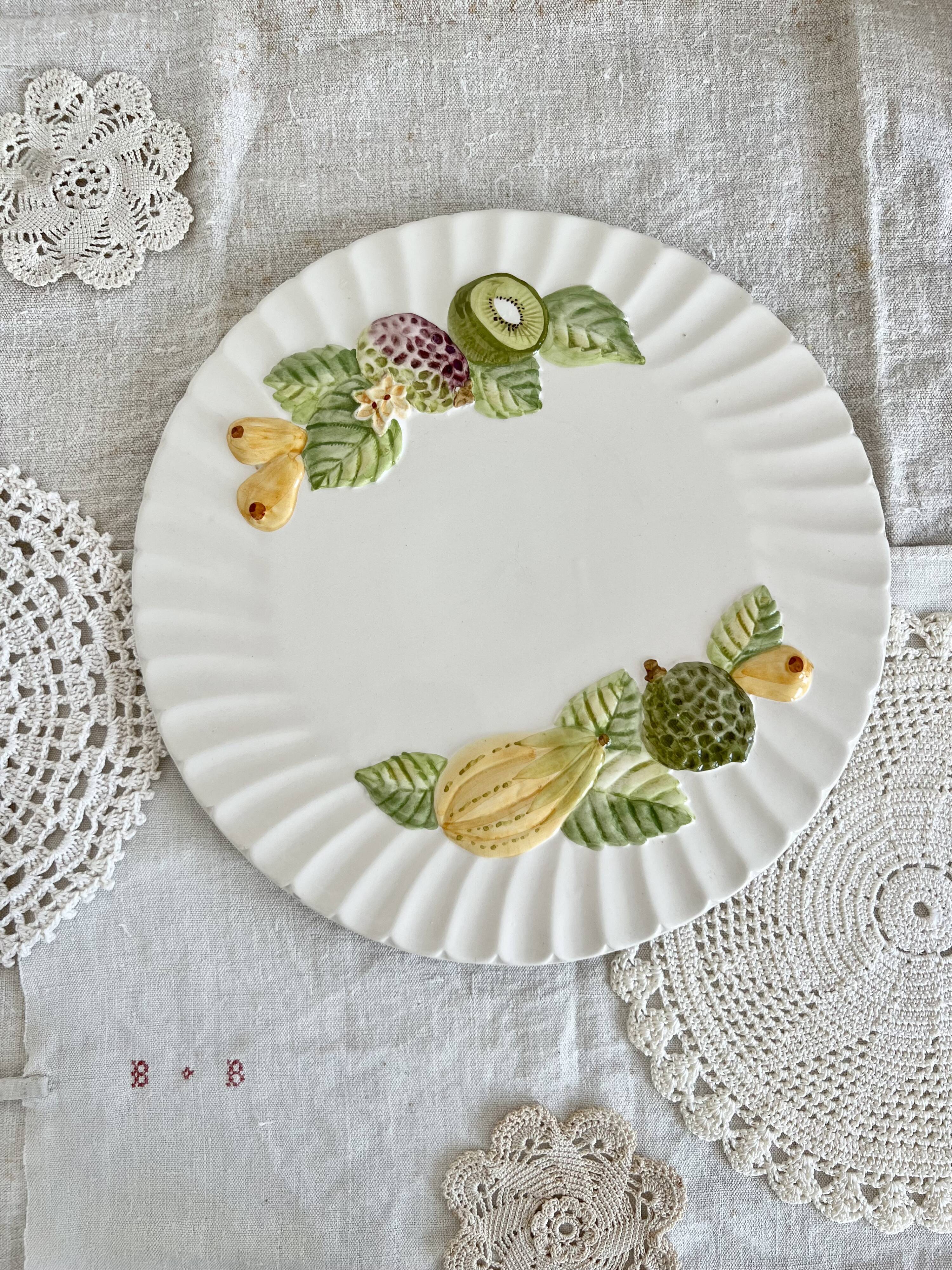 Vintage fruit pattern slip cake presentation dish