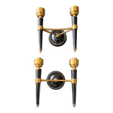 Pair of two-light torchiere wall lights in black lacquered metal and gilded brass, Circa 1960.