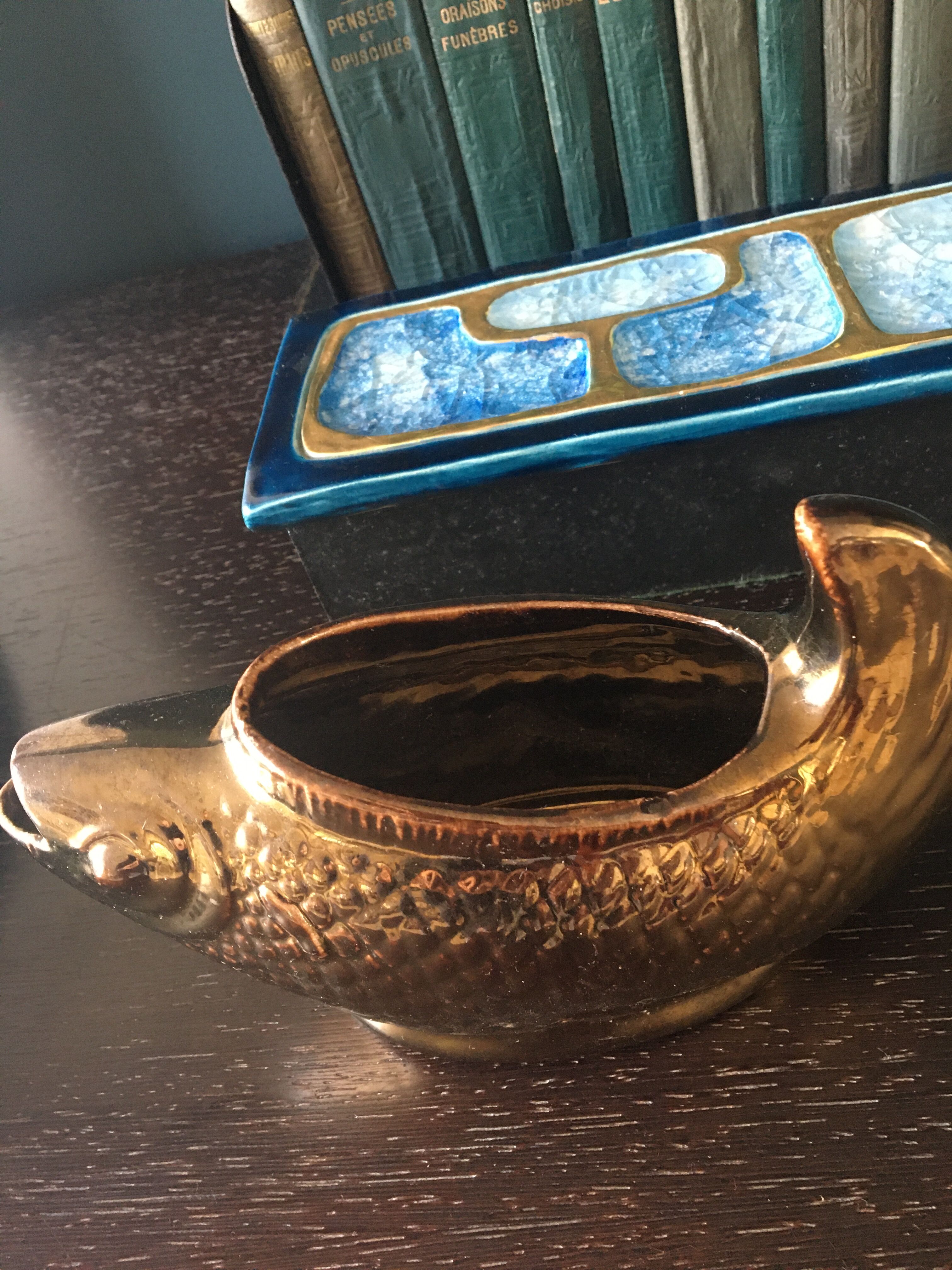 Numbered gold ceramic fish vase, about 1900