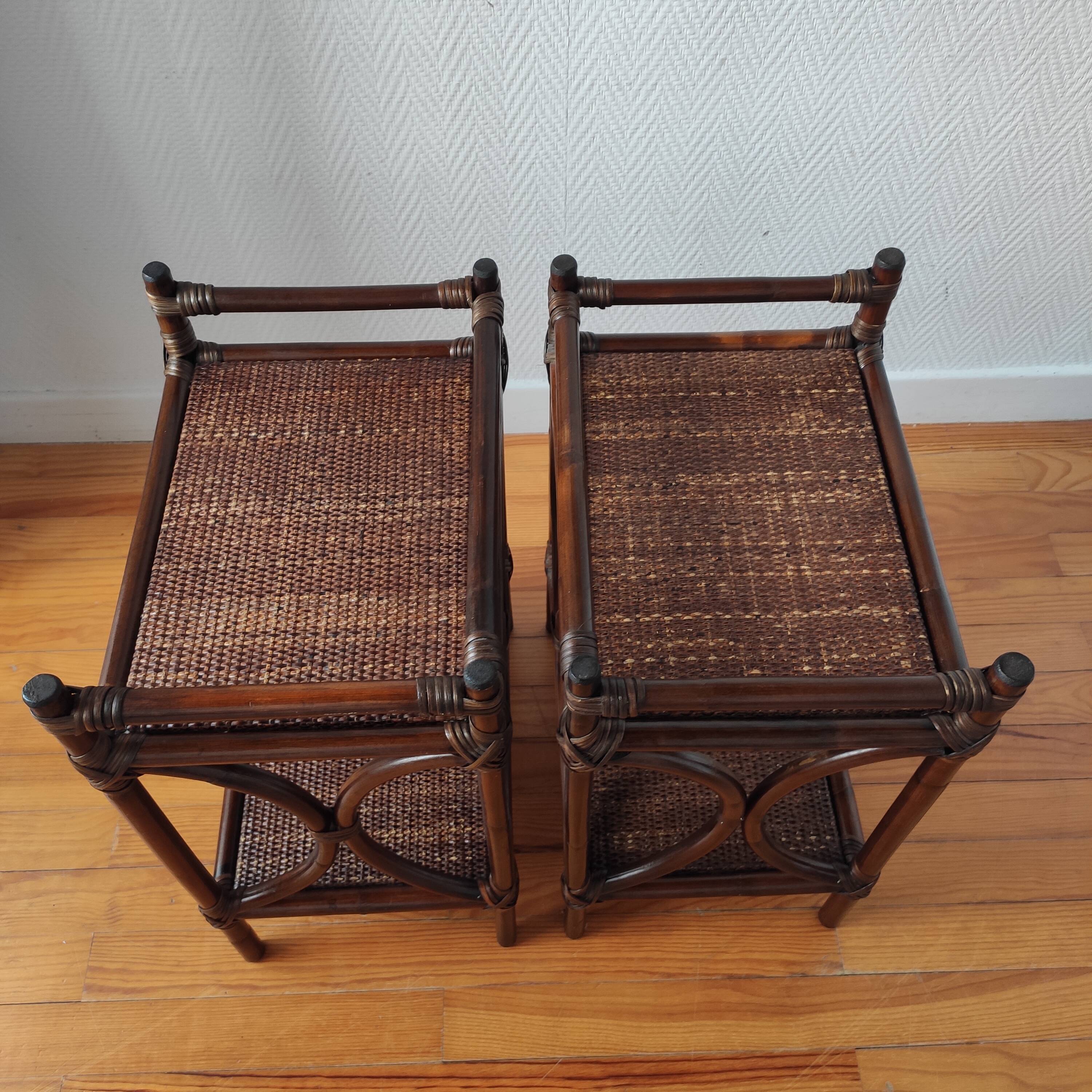 Pair of 1970s rattan bedside tables, side tables.
