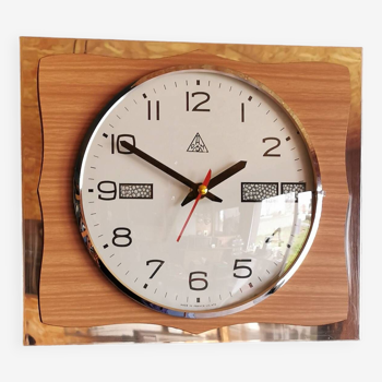 Vintage formica clock rectangular silent wall pendulum "DAM wood silver"