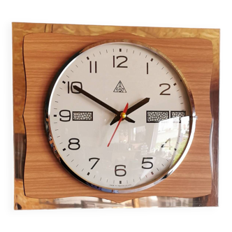 Horloge formica vintage pendule murale silencieuse rectangulaire "DAM bois argent"