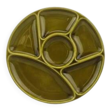 Lot de 6 assiettes à compartiments Gien en faïence verte avec boîte d'origine - Fondue & pierrade