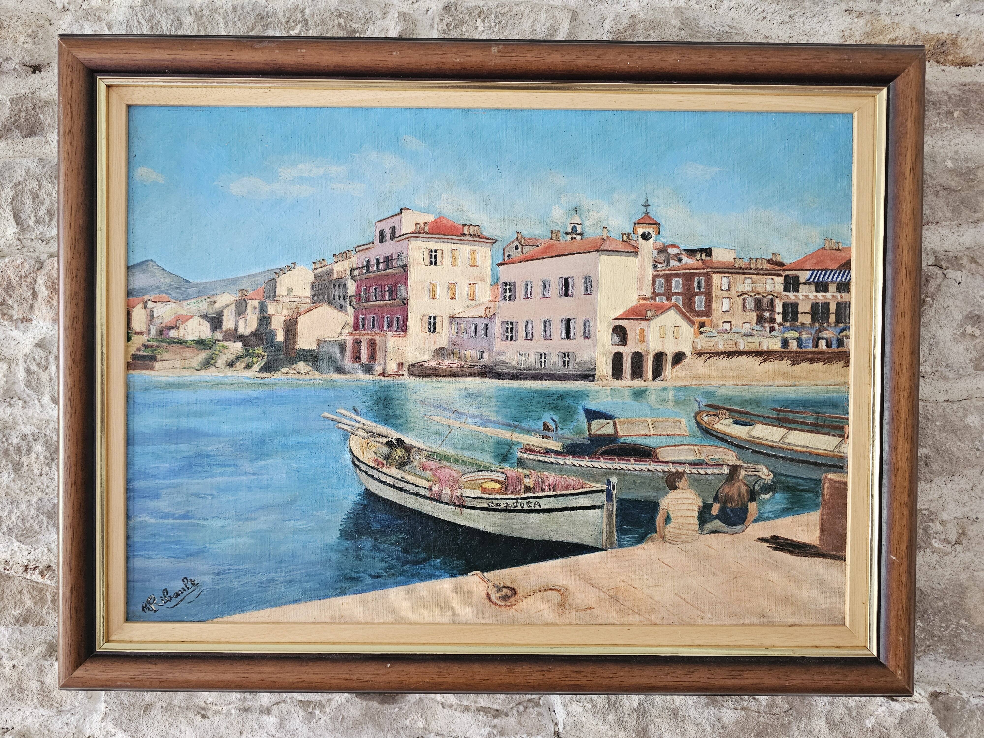 Oil Painting on Panel Mediterranean Port (Saint Tropez) signed Ribault