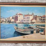 Oil Painting on Panel Mediterranean Port (Saint Tropez) signed Ribault