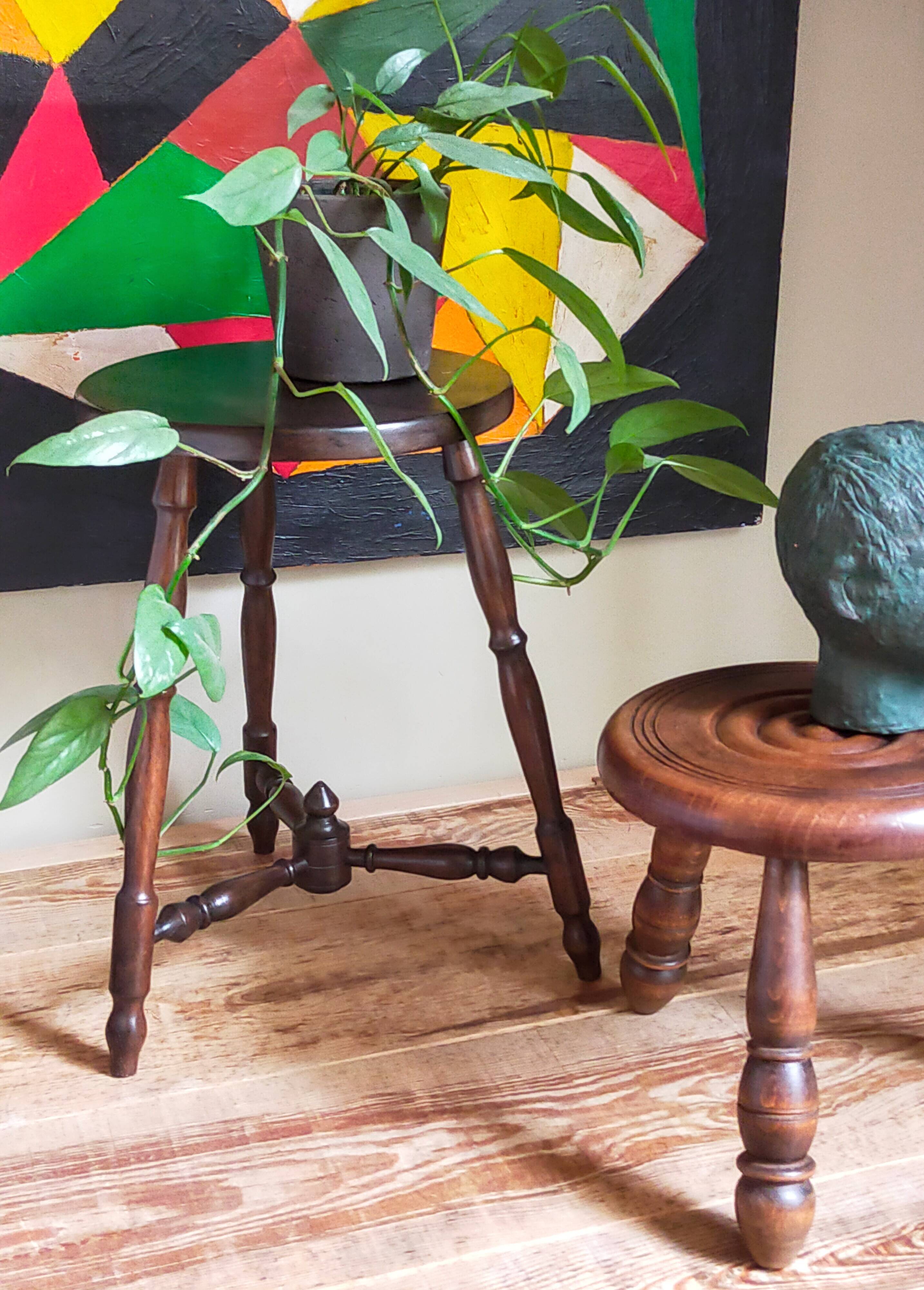 Vintage turned solid wood tripod stool