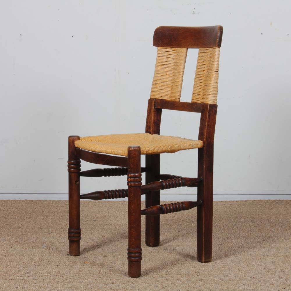 Set of 4 wooden chairs with rush seats, French work, 1940.