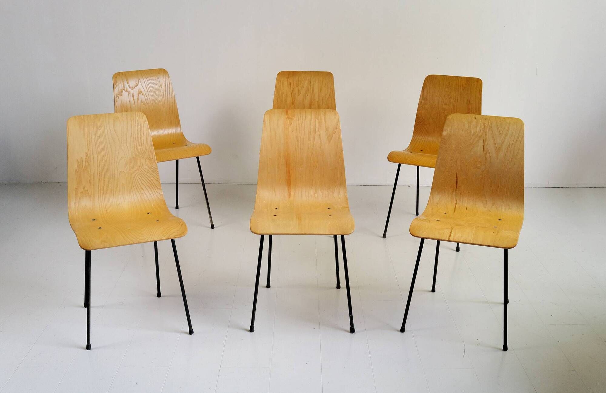Set of 6 bent plywood chairs, 1950