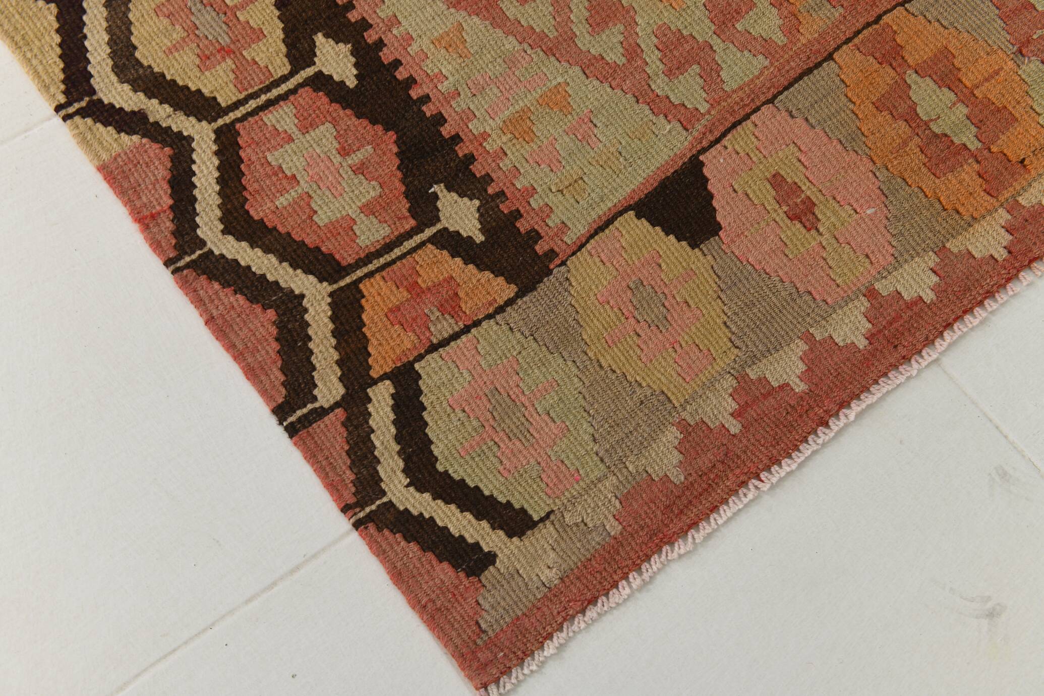Turkish Vintage Kilim Rug: Shades Of Red Brown Handmade Wool Rug 160x417Cm