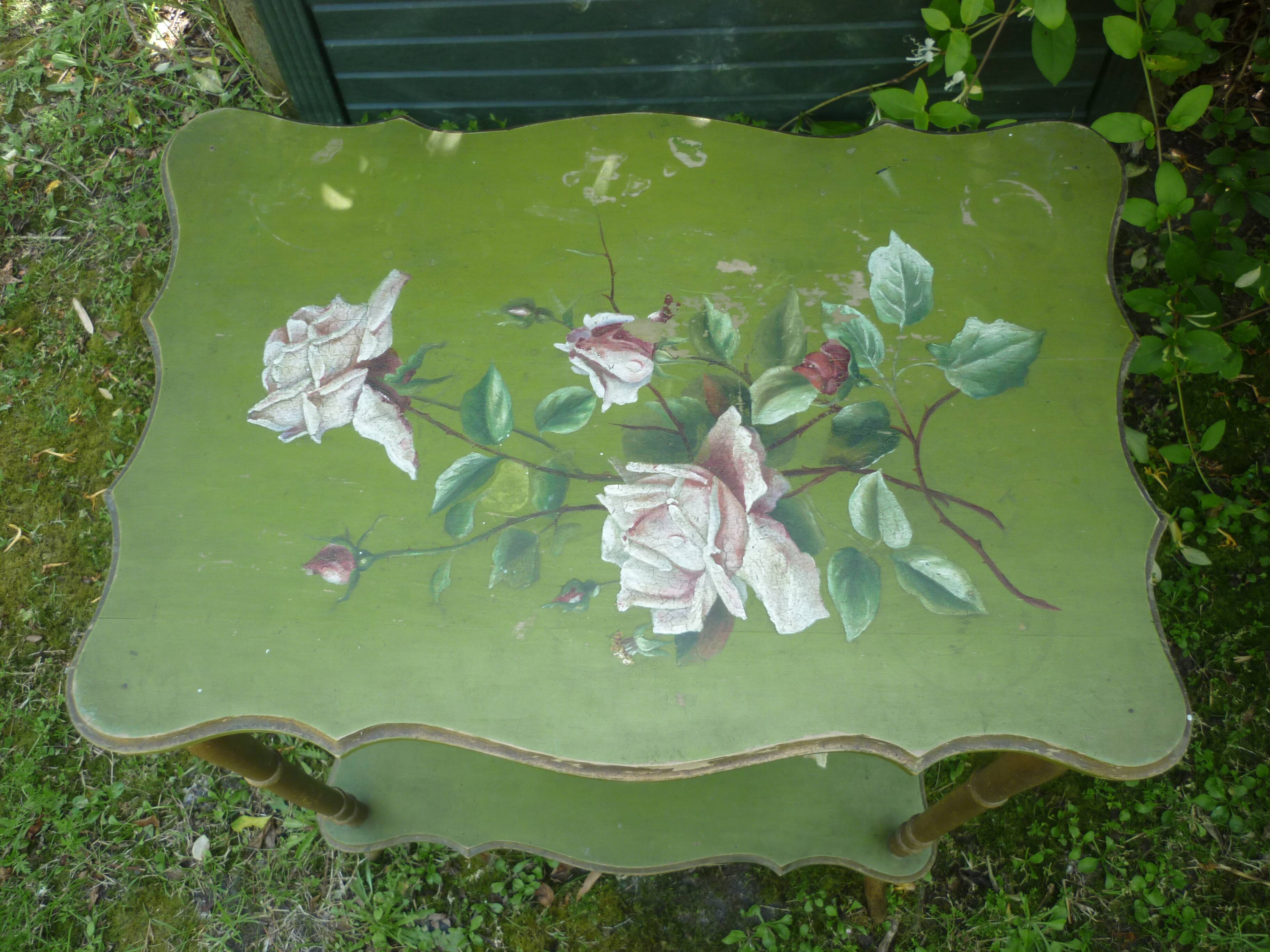 wooden side table painted flowers