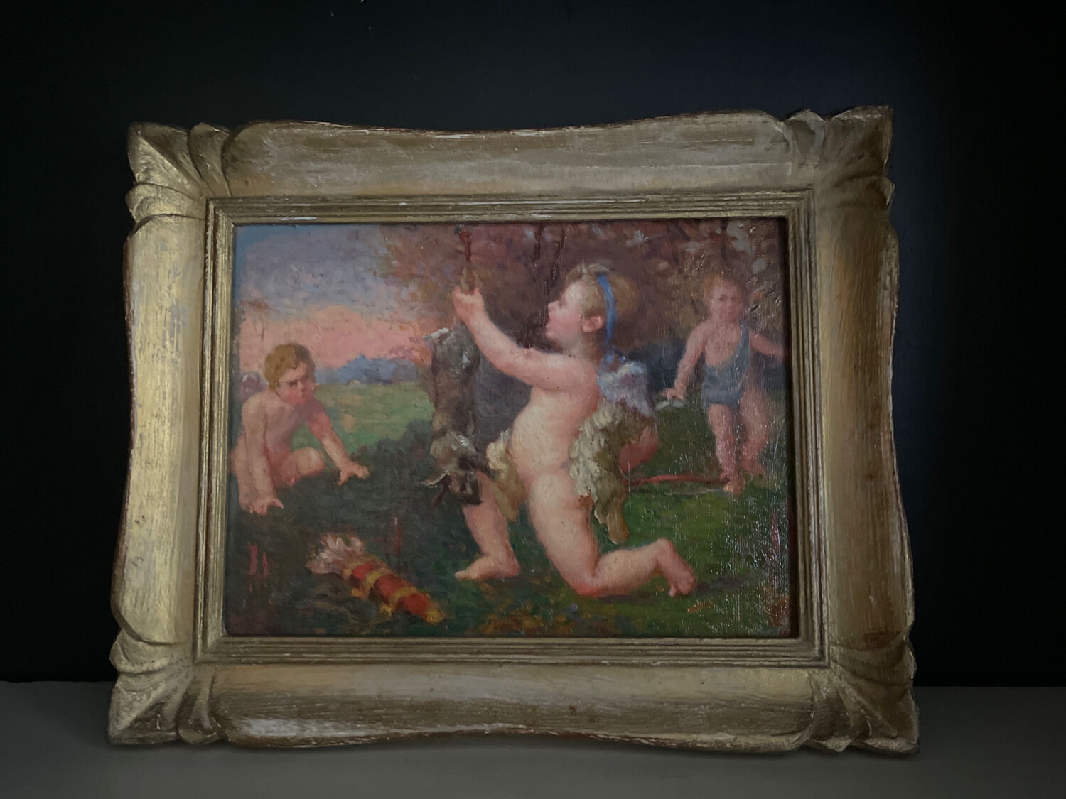 Old painting nineteenth oil on panel "Putti"