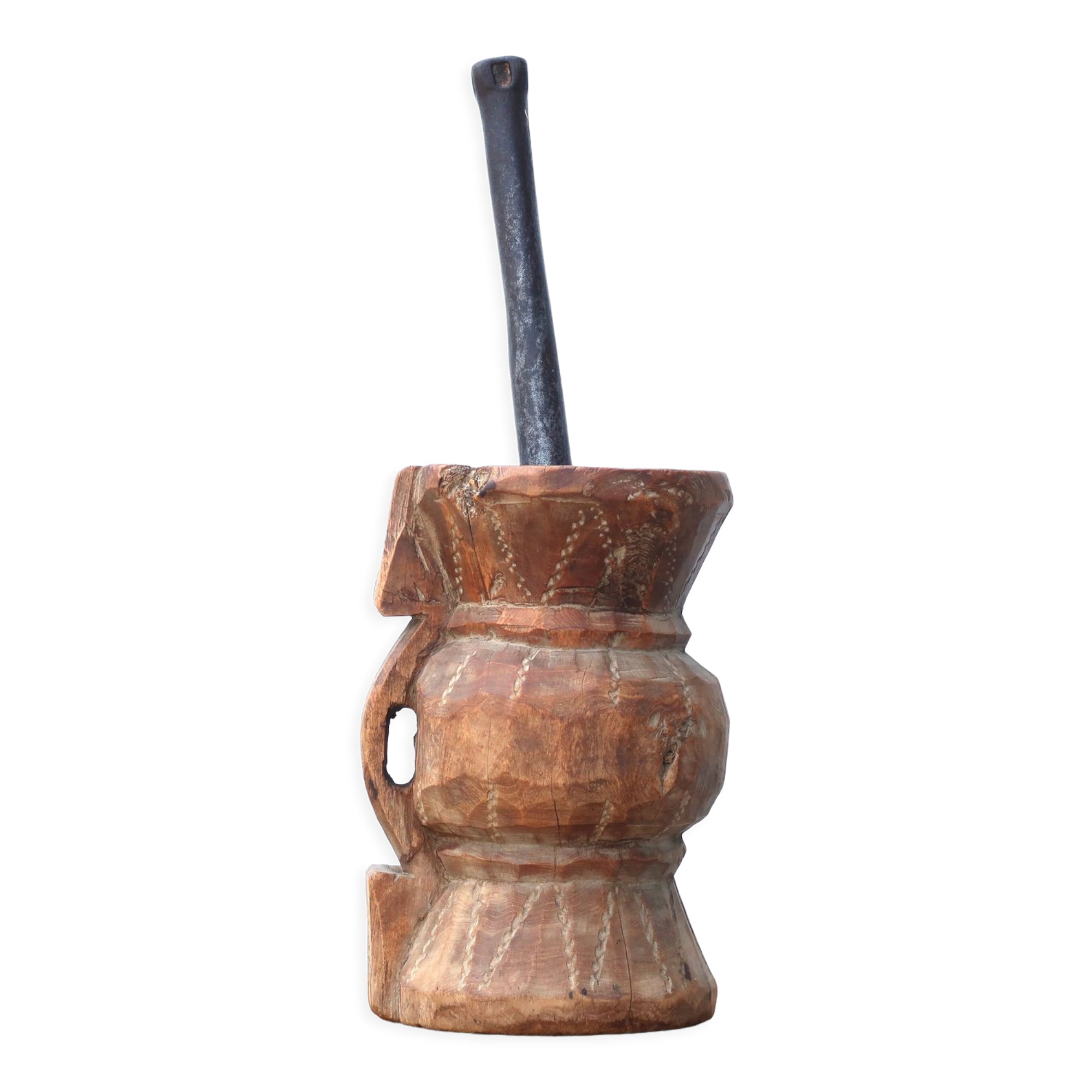 African mortar in carved wood, cast iron pestle, 70s