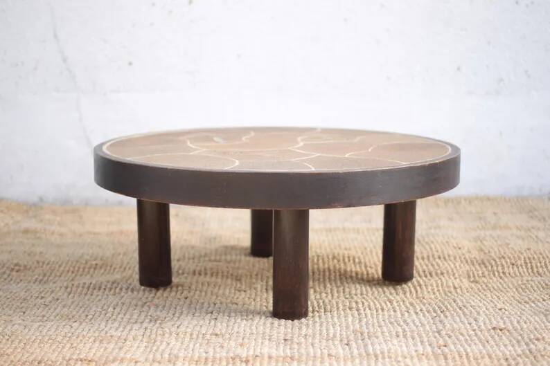 Coffee table signed Barrois, wood and stoneware table with plant decoration, France, interior decor.