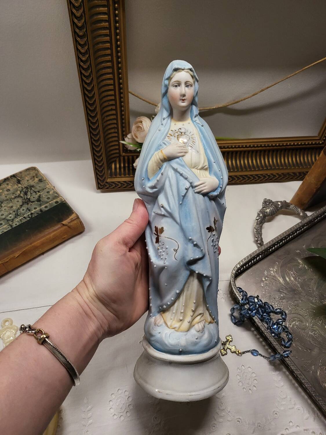 Antique Religious Biscuit Statuette Virgin Mary Sacred Heart