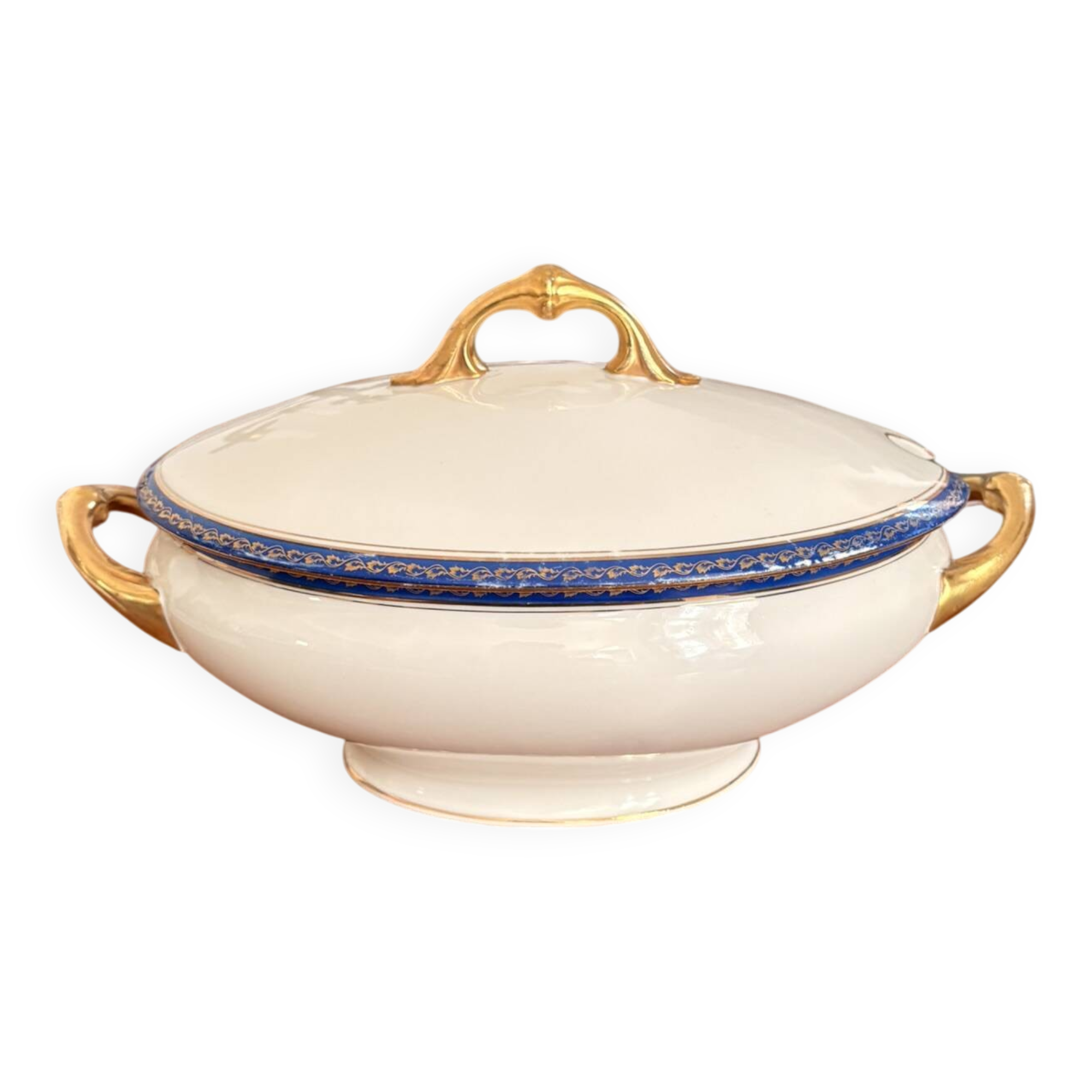 Large Soup Tureen Porcelain Limoges Blue Gold Betoule & Legrand France 1/2