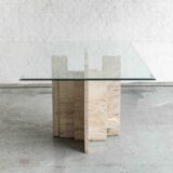 Glass & travertine dining table by Willy Ballez
