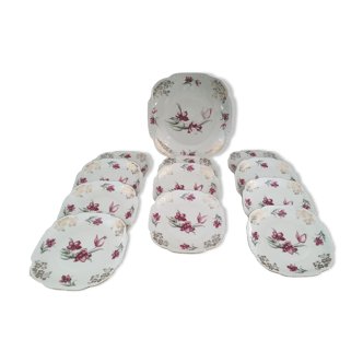 Dessert service 12pcs 11pers in Bavaria porcelain decorated with fuchsia tulips and gold edging