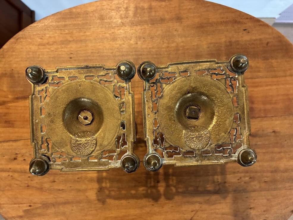 Pair of candlesticks, antique brass, 19th century, signed Prachthauser