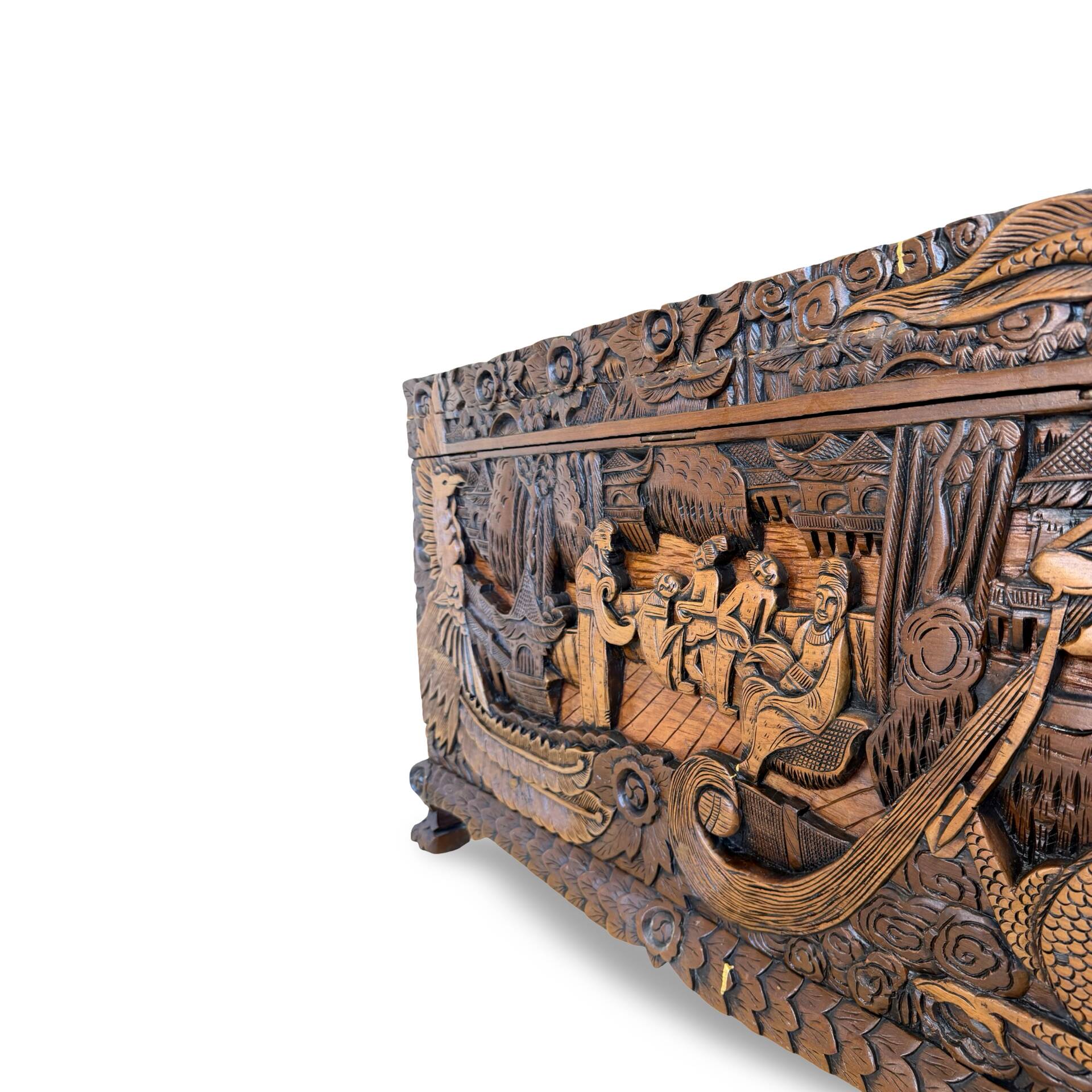Antique Chinese Carved Export Chest – Dragon, Phoenix & Landscape Deco