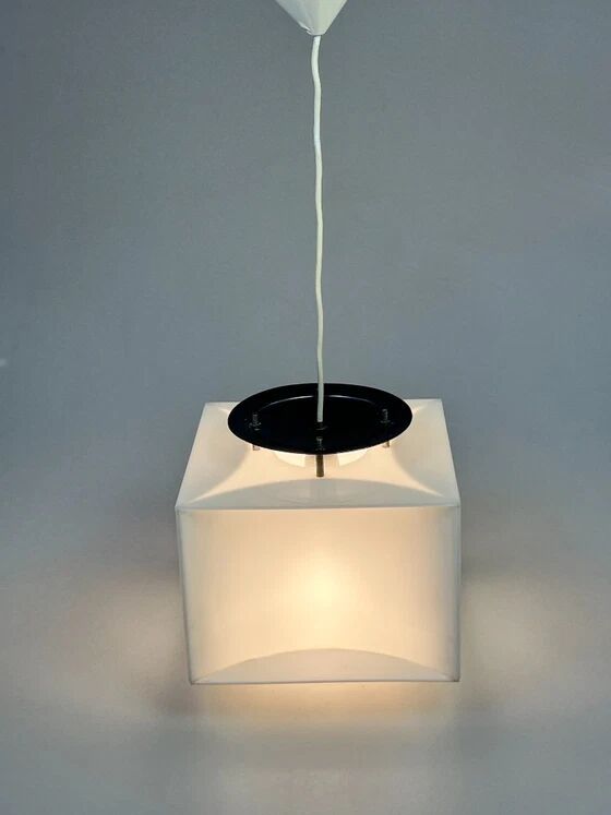Lampe pendentif blanche vintage Cube, époque spatiale, années 1970