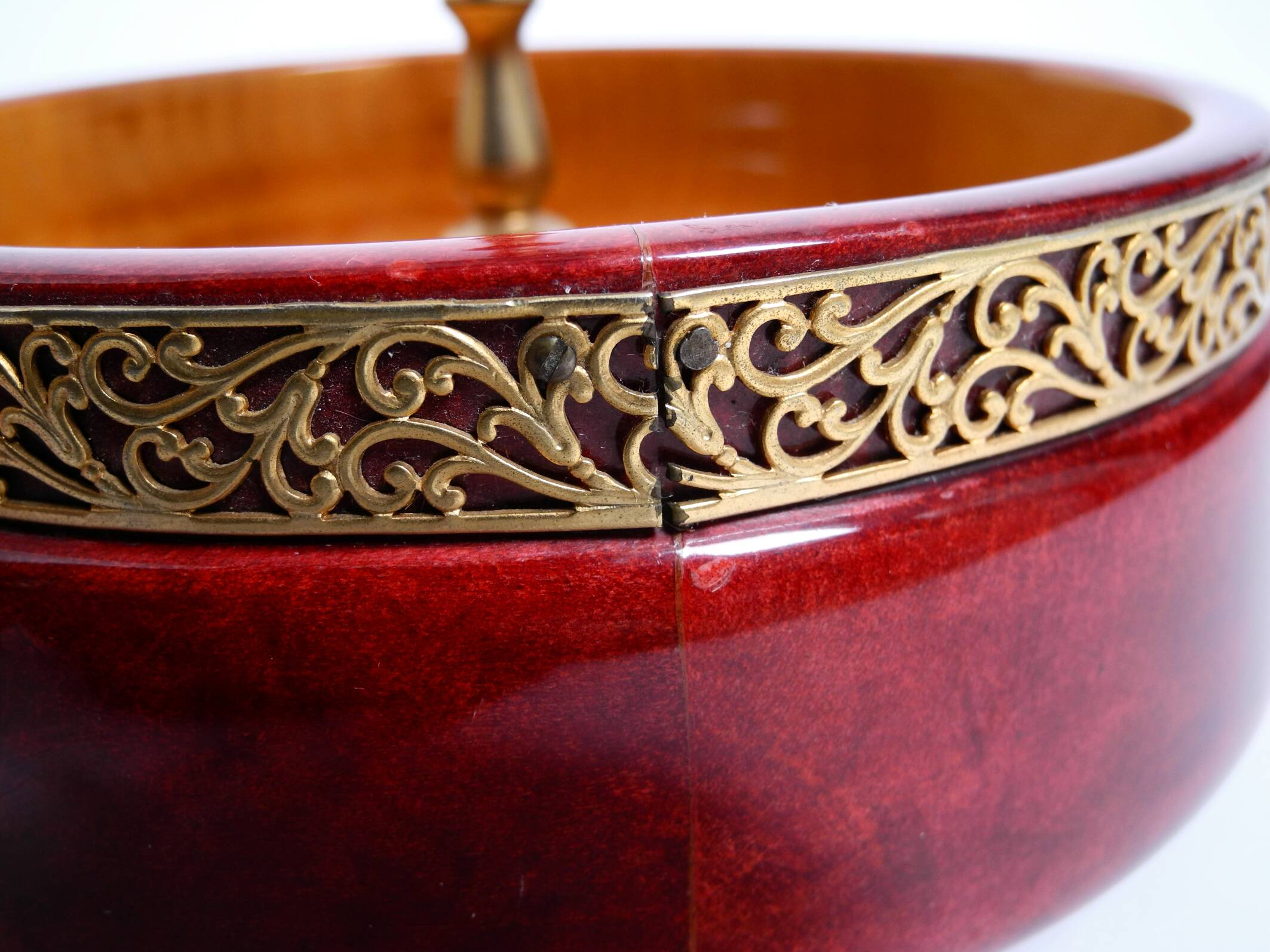 Beautiful 1960s nut bowl by Aldo Tura made of red goatskin and brass
