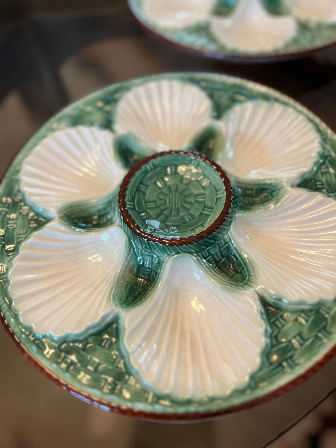 6 vintage slip oyster plates