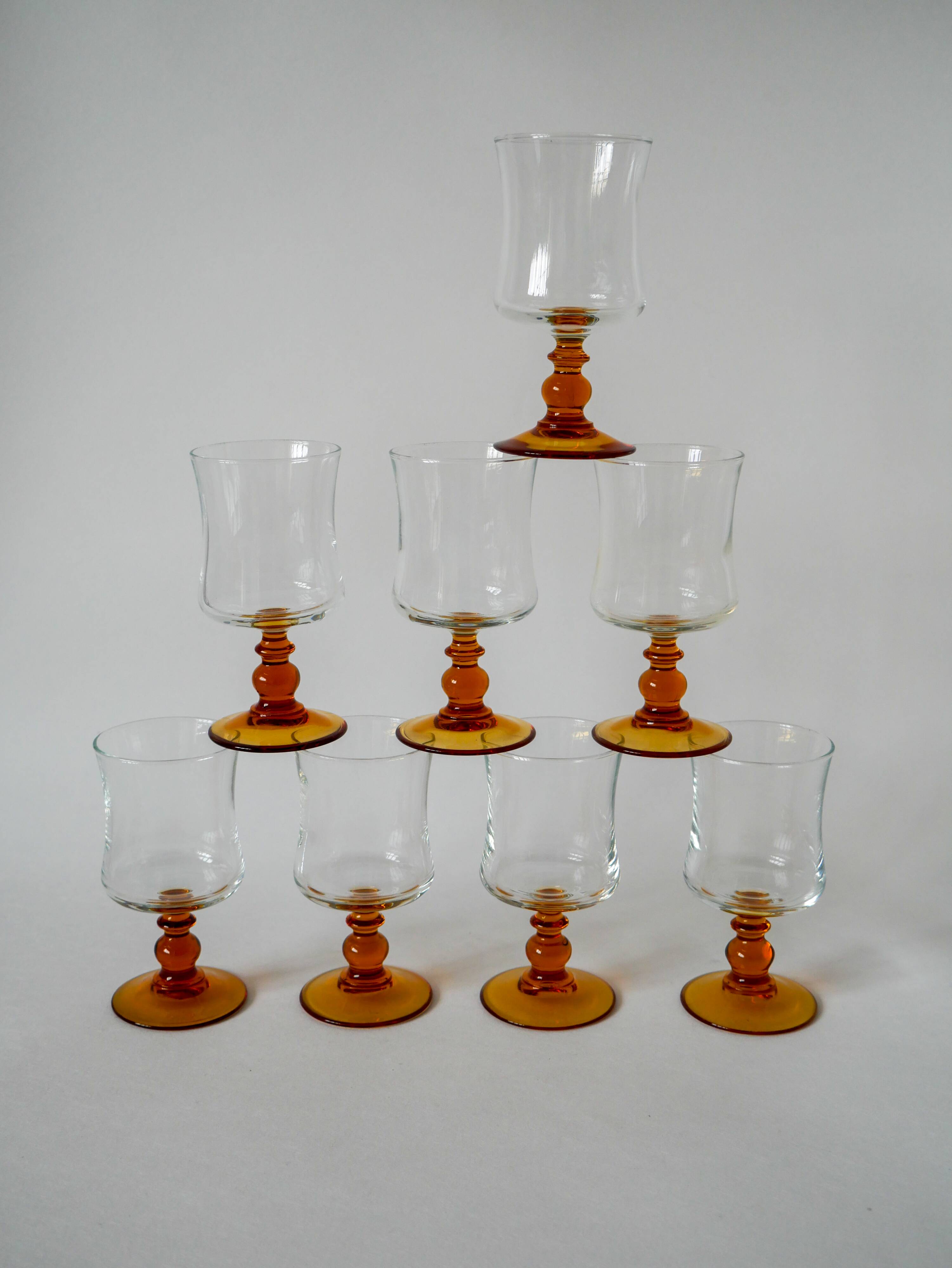 set of 8 vintage amber-stemmed wine glasses 1970